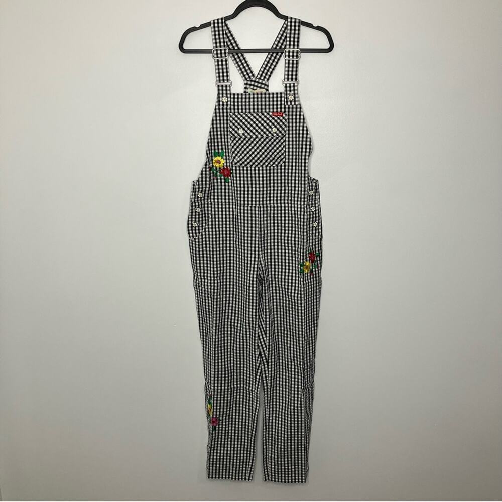 NWT TEDDY FRESH Gingham Embroidered Overalls Dungarees Black White Floral XS